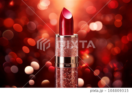 Glamorous red lipstick tube on sparkling holiday background. Generative AI Glamorous red lipstick tube on sparkling holiday background. Generative AI 108809315