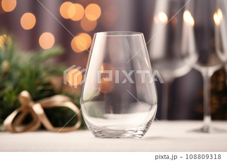 Stemless wine glass mockup with Christmas elements in background. Generative AI 108809318