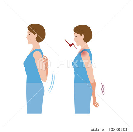 凍結肩、四十肩、五十肩、関節周囲炎で肩が痛み手が後ろに回らない女性 108809833