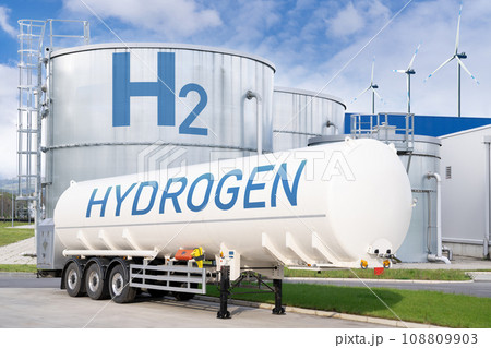 Hydrogen tank trailer on the background of gas storage. Hydrogen tank trailer on the background of gas storage. 108809903