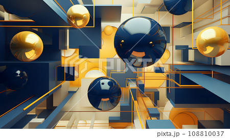 abstract background of 3D photorealistic gloss spheres and cuboid shapes in blue and yellow colors, neural network generated image 108810037