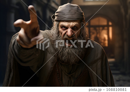 evil Medieval man on street points two fingers at viewer, neural network generated image 108810081