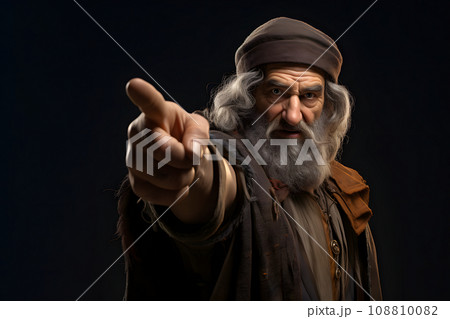 Medieval man on black background points finger at you, neural network generated image 108810082