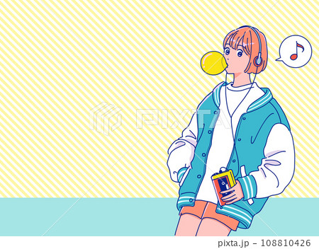 ウォークマンで音楽を聴くレトロポップな女の子 ウォークマンで音楽を聴くレトロポップな女の子 108810426