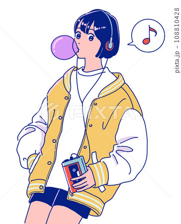 ウォークマンで音楽を聴くレトロポップな女の子 108810428