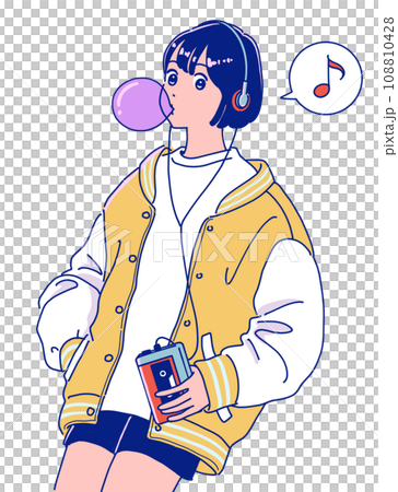 ウォークマンで音楽を聴くレトロポップな女の子 108810428