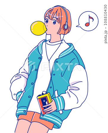 ウォークマンで音楽を聴くレトロポップな女の子 108810430