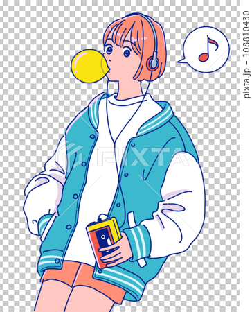 ウォークマンで音楽を聴くレトロポップな女の子 108810430