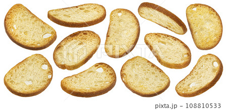 Baked crackers, round bread croutons isolated on white background 108810533