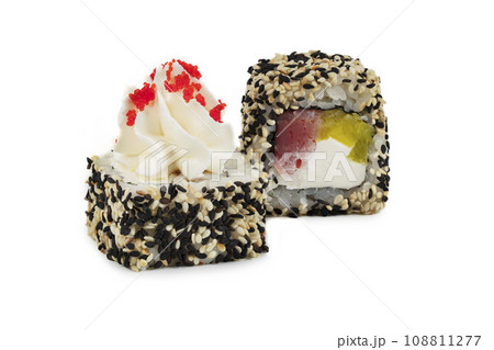 Sushi closeup isolated on white background. Sushi roll with salmon and pineapple in sesame crumbs. Japanese restaurant menu. 108811277