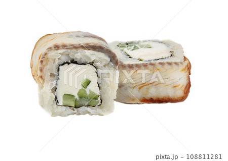 Sushi closeup isolated on white background. Sushi roll with white fish, eel, rice, Philadelphia cheese and cucumber. Japanese restaurant menu. Sushi closeup isolated on white background. Sushi roll with white fish, eel, rice, Philadelphia cheese and cucumber. Japanese restaurant menu. 108811281