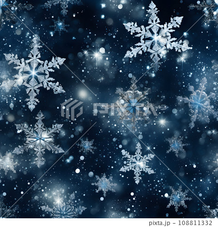 seamless pattern of snowflakes on dark blue background, neural network generated 108811332