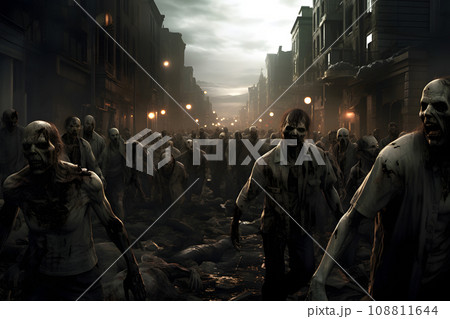 zombie horde walking slow at city street at night, neural network generated photorealistic image 108811644