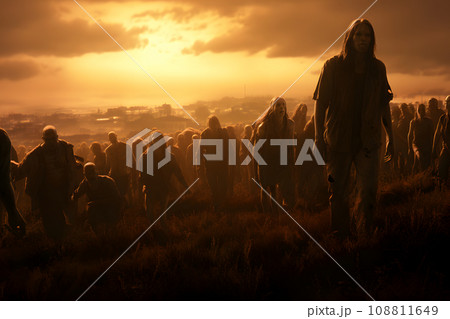 group of zombie standing in a field at summer sunrise or sunset, neural network generated photorealistic image 108811649