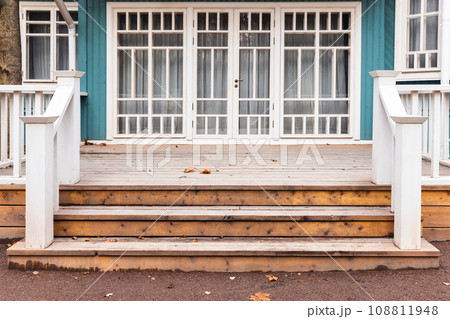 Backyard background photo with an empty wooden terrace 108811948