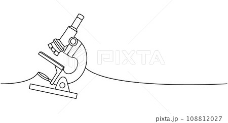 Microscope, school supplies one line continuous drawing. Back to school continuous one line illustration. Vector minimalist linear illustration. Microscope, school supplies one line continuous drawing. Back to school continuous one line illustration. Vector minimalist linear illustration. 108812027