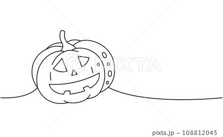 Pumpkin with scary face, autumn vegetable one line continuous drawing. Halloween scary pumpkin continuous one line illustration. Vector illustration. Pumpkin with scary face, autumn vegetable one line continuous drawing. Halloween scary pumpkin continuous one line illustration. Vector illustration. 108812045