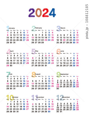 刺繍文字風の2024年の年間カレンダー 月曜始まり_縦位置 108812185