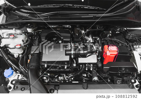 Gasoline fuel car engine underhood open front hood closeup clean new 108812592