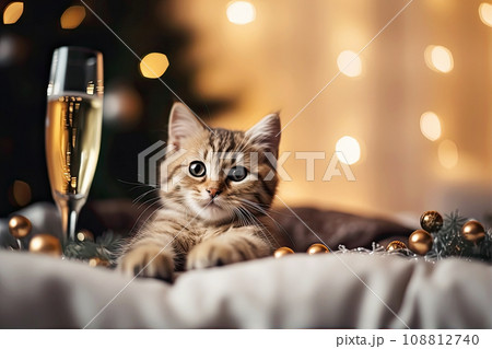Fluffy cat next to a glass of champagne on the bokeh background. Cute cat with cozy Christmas lights. 108812740