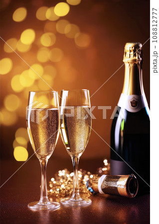 Glasses of champagne on a festive background, party or holiday concept. New Year or Christmas sparkling background with copy space. Gold and black colors. 108812777