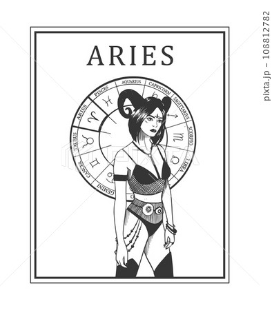 Illustration of monochrome card with astrological sign and romantic beauty woman. Zodiac symbol art. 108812782
