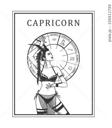Illustration of monochrome card with astrological sign and romantic beauty woman. Zodiac symbol art. 108812788