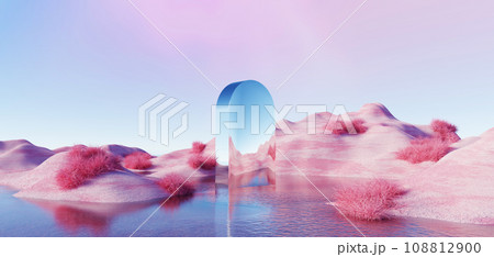 3d Render, Abstract Surreal pastel landscape background with arches and podium for showing product, panoramic view, Colorful dune scene with copy space, blue sky and cloudy, Minimalist decor design 108812900