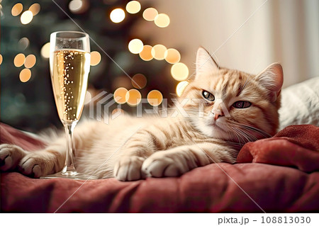 Fluffy cat next to a glass of champagne on the bokeh background. Cute cat with cozy Christmas lights. Fluffy cat next to a glass of champagne on the bokeh background. Cute cat with cozy Christmas lights. 108813030