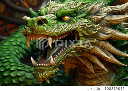 Green dragon statue. Symbol of 2024 on blurred background. Green Chinese dragon wooden sculpture. Mythological creature. Green fantasy dragon. 108813033