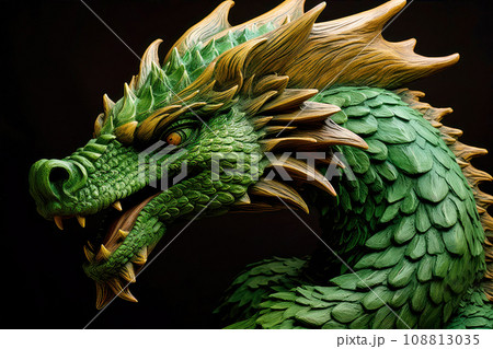 Green dragon statue. Symbol of 2024 on blurred background. Green Chinese dragon wooden sculpture. Mythological creature. Green fantasy dragon. 108813035