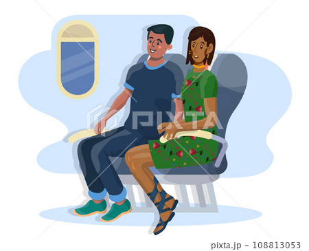 Vector flat illustration of passengers in a cabin of plane during the flight. 108813053