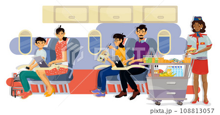 Vector flat illustration of stewardess serving food on plane. 108813057