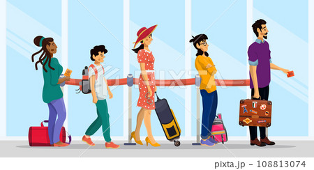 Vector cartoon illustration of queue in airport or railway station. Family concept. 108813074