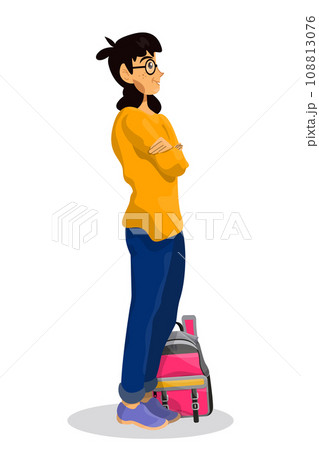 Vector cartoon illustration of woman or girl character in airport on white background. 108813076