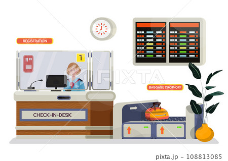 Vector cartoon illustration of check in desk or registration desk in airport. 108813085