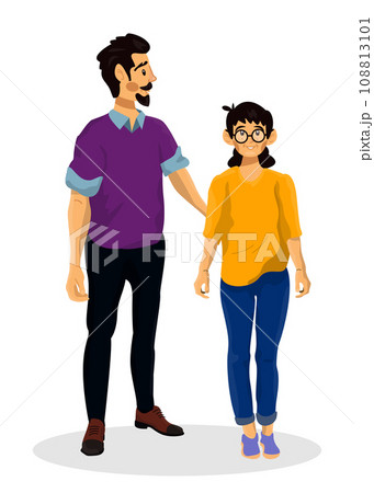 Father with his happy daughter going to summer holiday. Vector illustration of single parent. 108813101