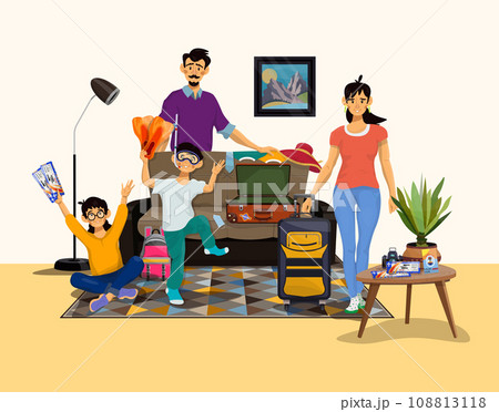 Vector illustration of happy family going to travel. Parents and their children packing suitcases. 108813118
