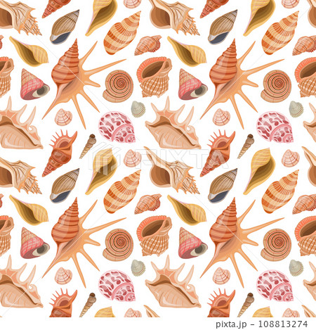 Vector seamless pattern with sea, ocean theme. Wallpaper with colorful seashells and undersea world. 108813274