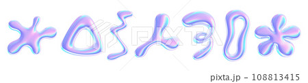Chrome holographic liquid y2k shape 3d render illustration set. Abstract fluid metal graphic objects of different inflatable forms with holography effect. Geometric silver shiny glossy bubbles. 108813415