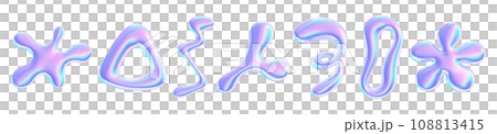 Chrome holographic liquid y2k shape 3d render illustration set. Abstract fluid metal graphic objects of different inflatable forms with holography effect. Geometric silver shiny glossy bubbles. 108813415