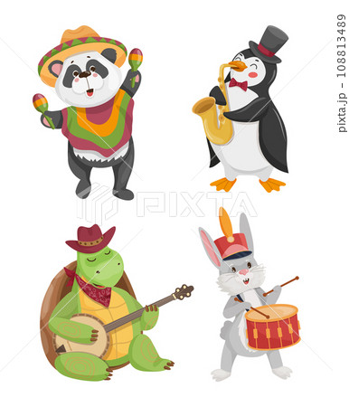 Illustration of a panda, a penguin, a turtle, a hare, that play musical instruments 108813489