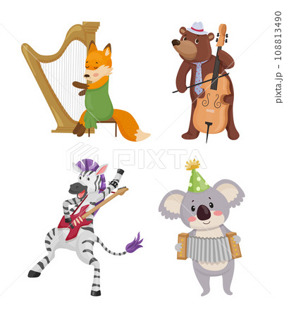 Illustration of a fox, a bear, a zebra and a koala that play musical instruments Illustration of a fox, a bear, a zebra and a koala that play musical instruments 108813490