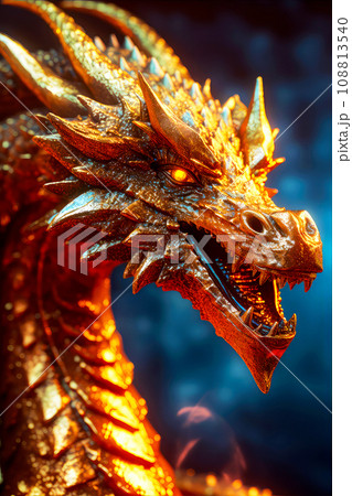 Fire dragon on the dark background. Chinese New Year 2024 zodiac sign, year of the Dragon. Mythological creature. Abstract fiery Illustration of fantastic monster for postcard, book, poster, banner Fire dragon on the dark background. Chinese New Year 2024 zodiac sign, year of the Dragon. Mythological creature. Abstract fiery Illustration of fantastic monster for postcard, book, poster, banner 108813540