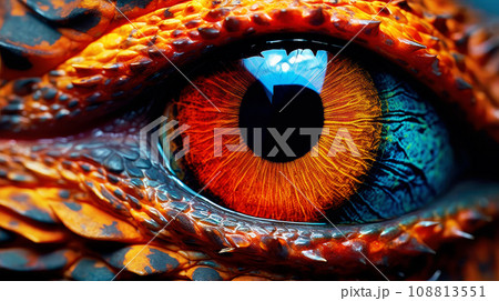 Close-up of fantasy dragon eye. Mythological evil. Dangerous creature Close-up of fantasy dragon eye. Mythological evil. Dangerous creature 108813551