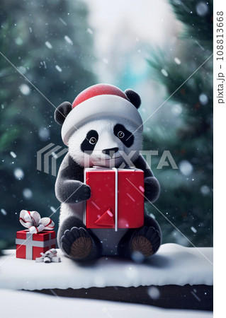 Panda bear in Santa Claus hat with Christmas presents. Portrait of a Christmas panda sitting under snowfall. Copy space. . 108813668