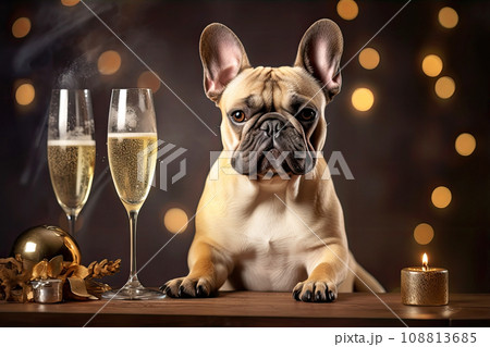 French bulldog dog celebrating new years eve with champagne. Holiday decorated, Christmas lights on background. 108813685