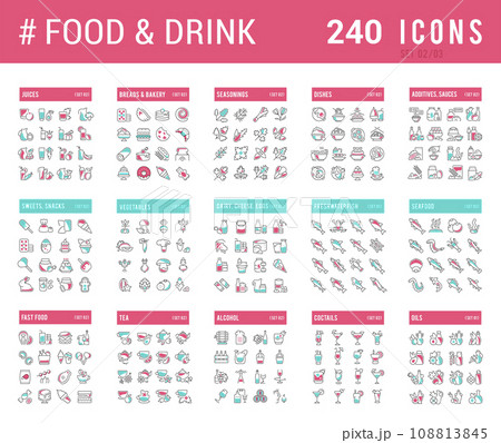 Collection Linear Icons of Food and Drinks. Collection Linear Icons of Food and Drinks. 108813845