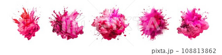 Powerful explosion of pink holi powder on transparent background. Collection of saturate pink smoke paint explosion, fume powder splash, motion of liquid ink in water. 108813862