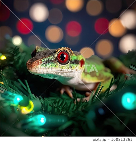 Cute funny gecko with holiday Christmas lights on background. Happy dragon celebrating the new year Cute funny gecko with holiday Christmas lights on background. Happy dragon celebrating the new year 108813863